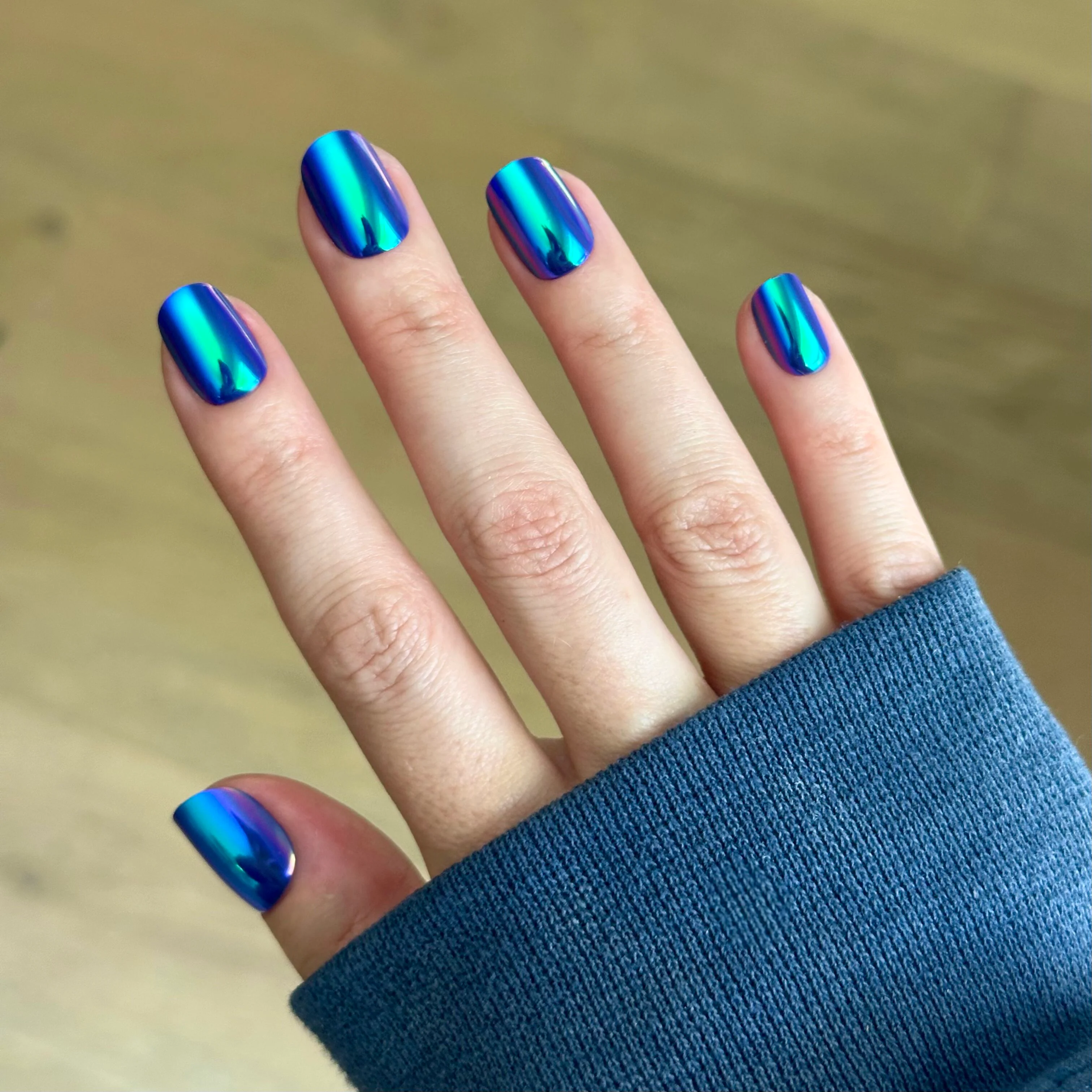 Electric Blue Iridescent Chrome - Press-On | Extra Short | Squoval - Image 3