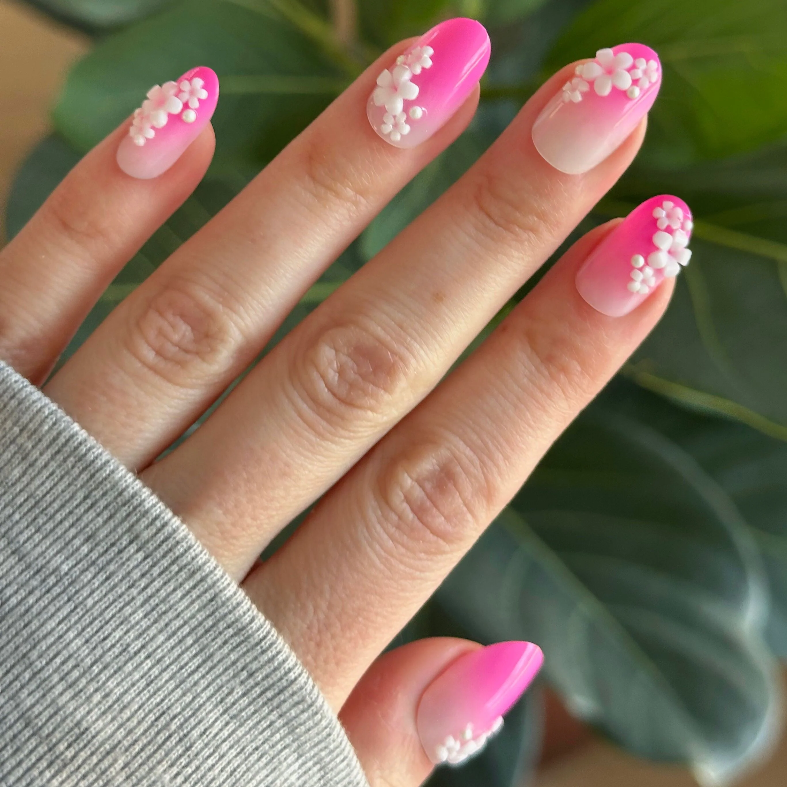 Pink Ombre with Flower Gems - Press On | Medium | Oval - Image 6