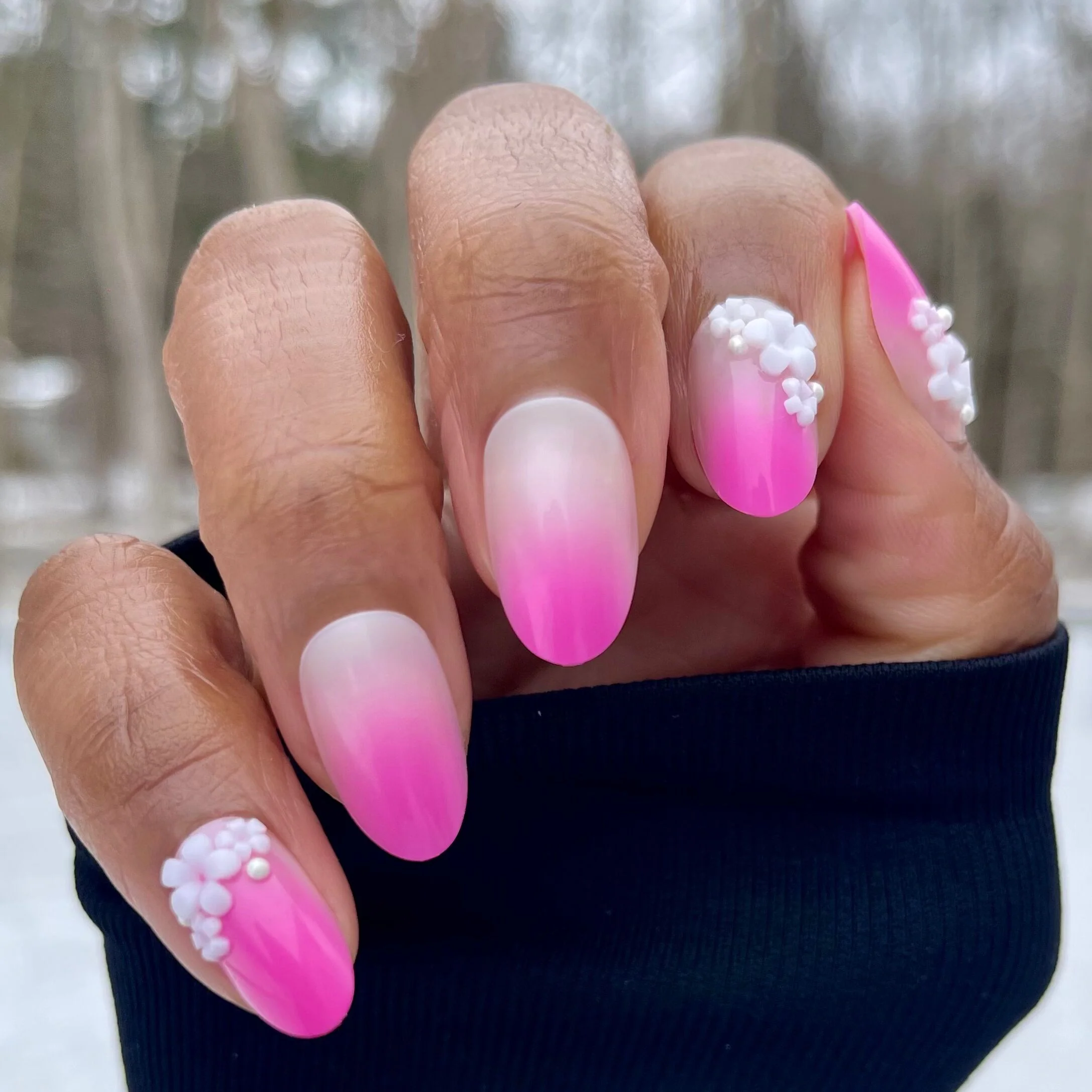 Pink Ombre with Flower Gems - Press On | Medium | Oval - Image 7